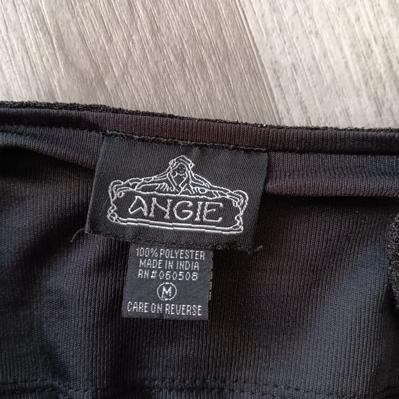 Angie Slip Mini Dress Black Silver Metallic Shimmer Spaghetti Strap Low V Medium - Picture 2 of 14